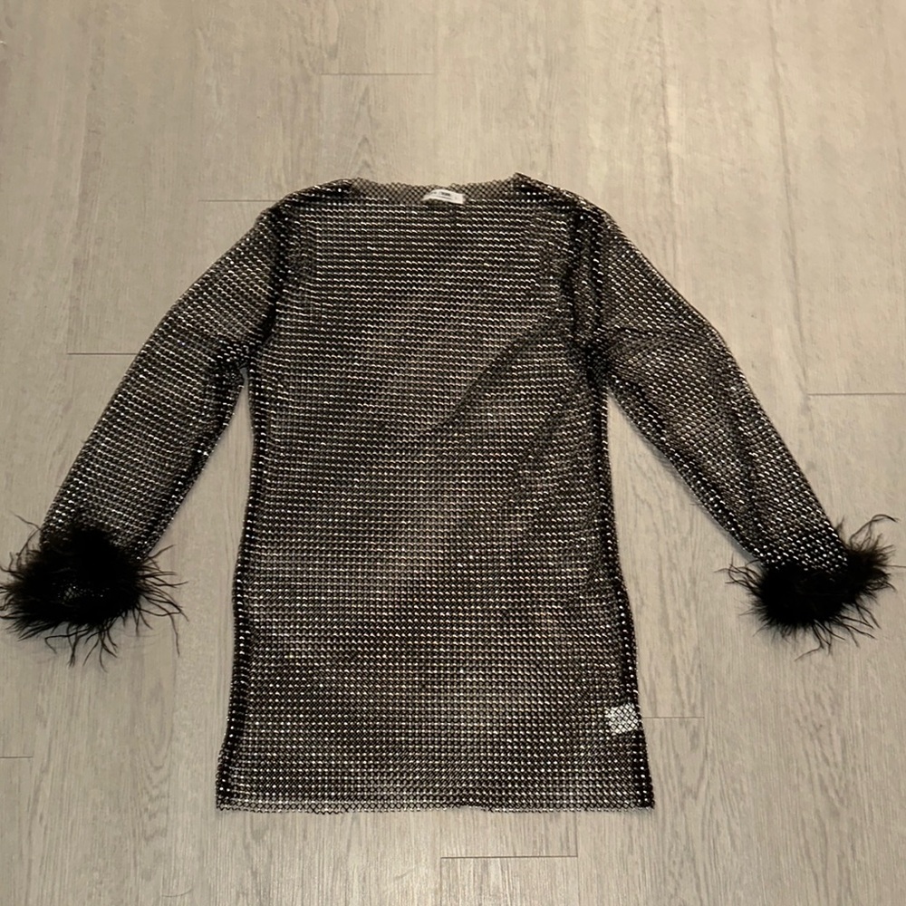 Black Sparkly Mesh Dress with Feather Cuffs